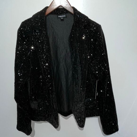 Messini Women's Black Sequined Open Front Blazer Jacket Petite Medium NWT - Picture 1 of 8